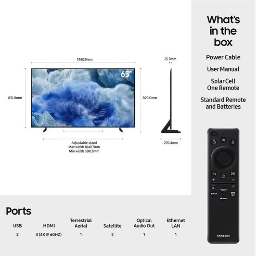 65-inch Samsung QLED 4K TV with adjustable stand and size diagram