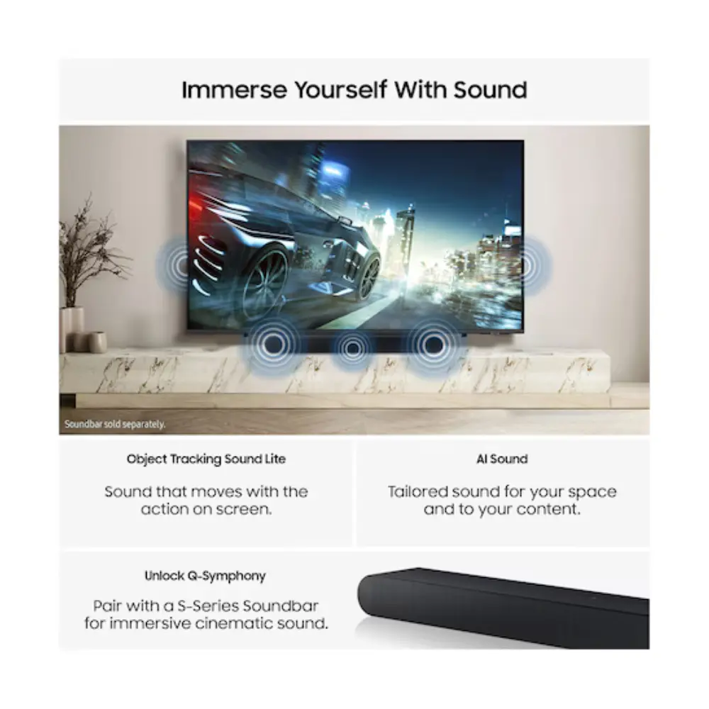 Samsung QLED 4K TV with sound system graphic and wireless speaker waves