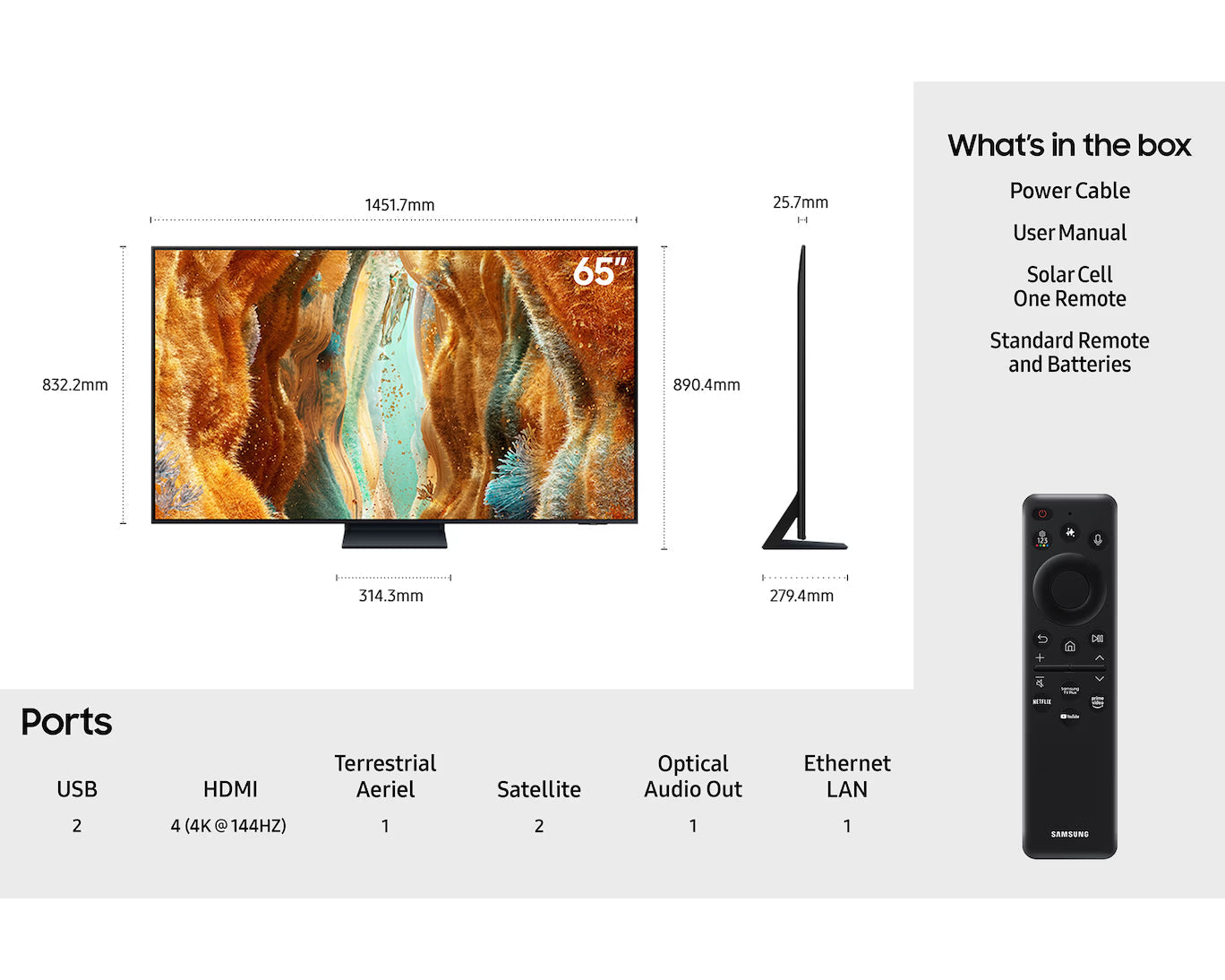 65-inch Samsung 4K Smart TV with remote, ports and size diagram