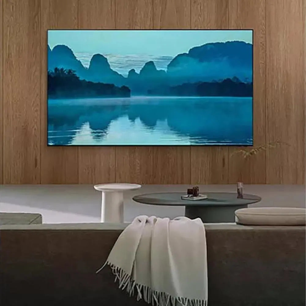 Samsung Neo QLED 8K TV mounted on wall showing landscape on screen