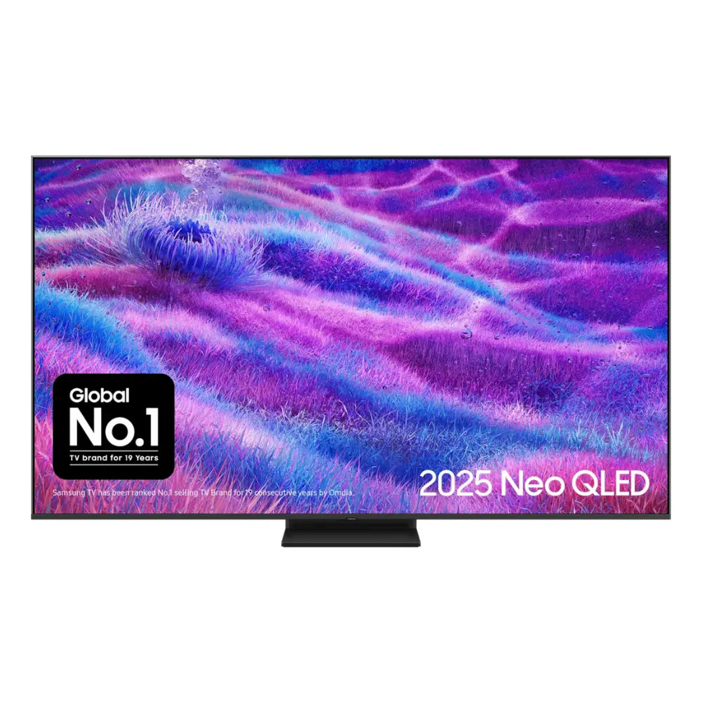 NEO QLED TV front view with colorful purple abstract screen
