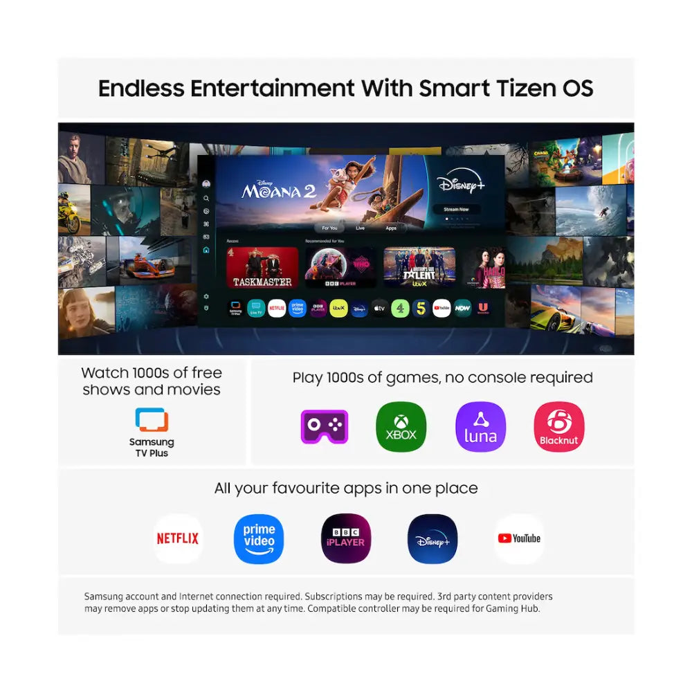 Smart TV interface graphic with app tiles and Smart Tizen OS layout