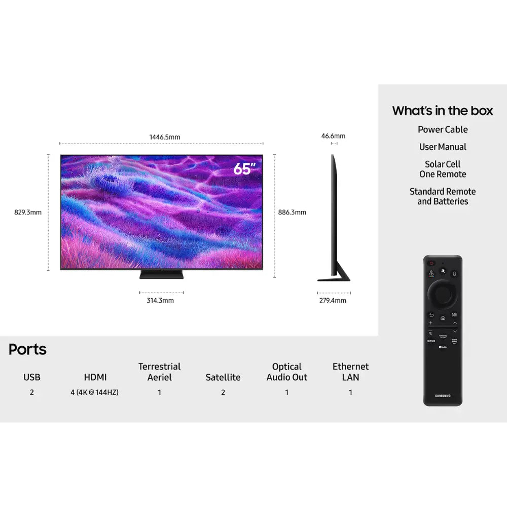65-inch TV dimensions diagram with included remote and accessories