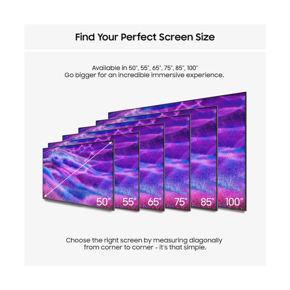 TV screen size lineup graphic showing multiple diagonal sizes
