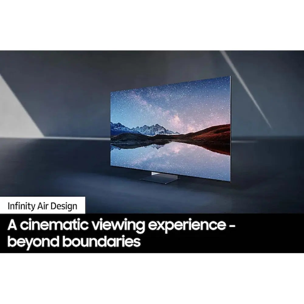 Samsung Neo QLED 8K TV screen showing a cinematic landscape view