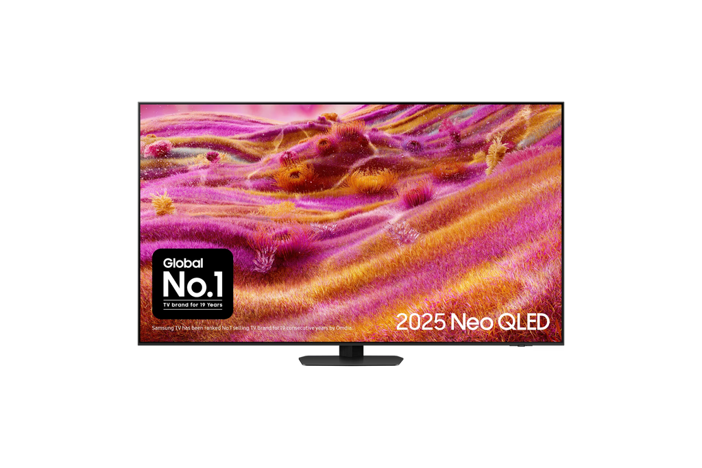 Samsung Neo QLED 4K TV front view, colorful display, slim stand