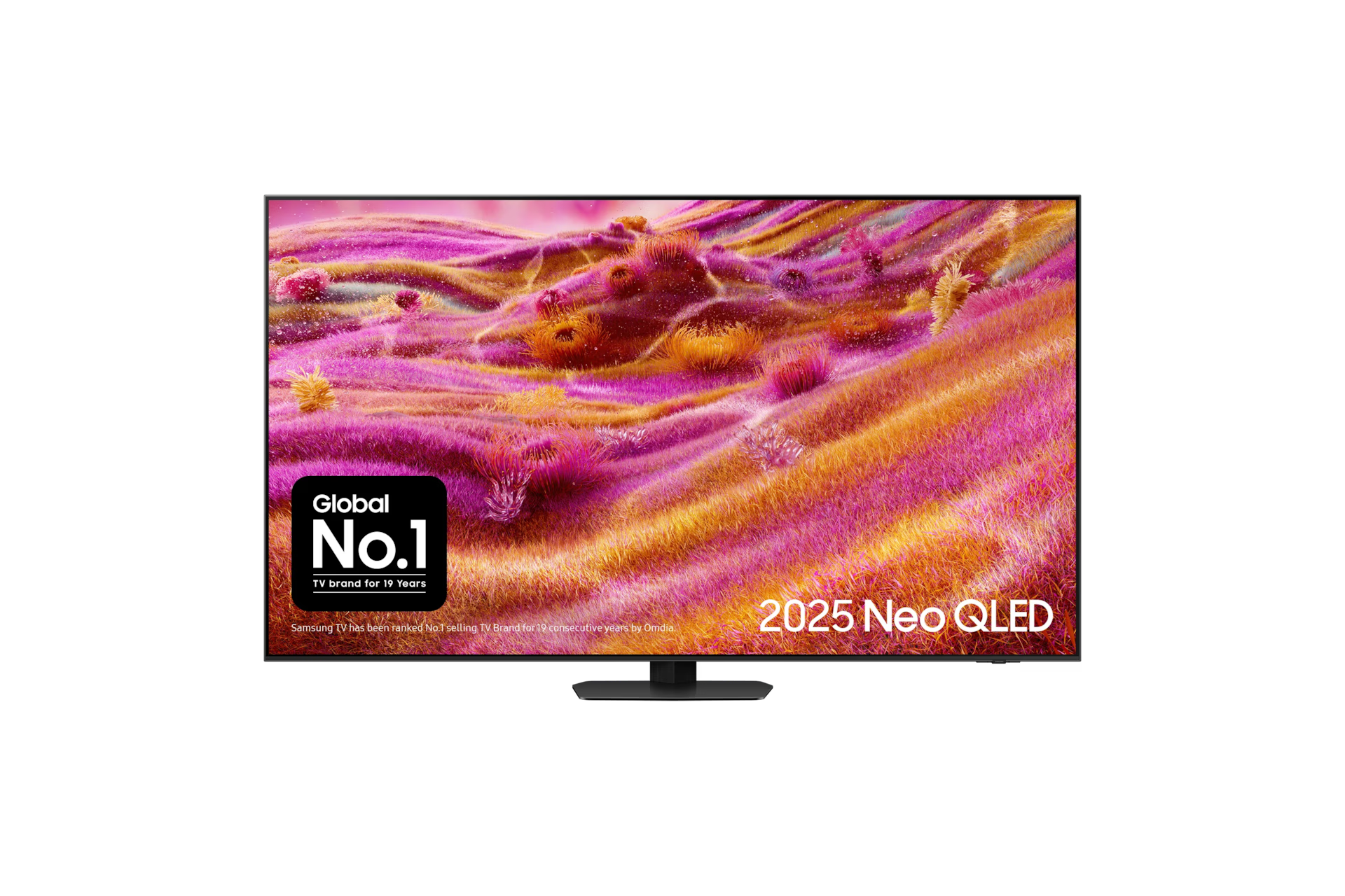 Samsung Neo QLED 4K TV front view, colorful display, slim stand