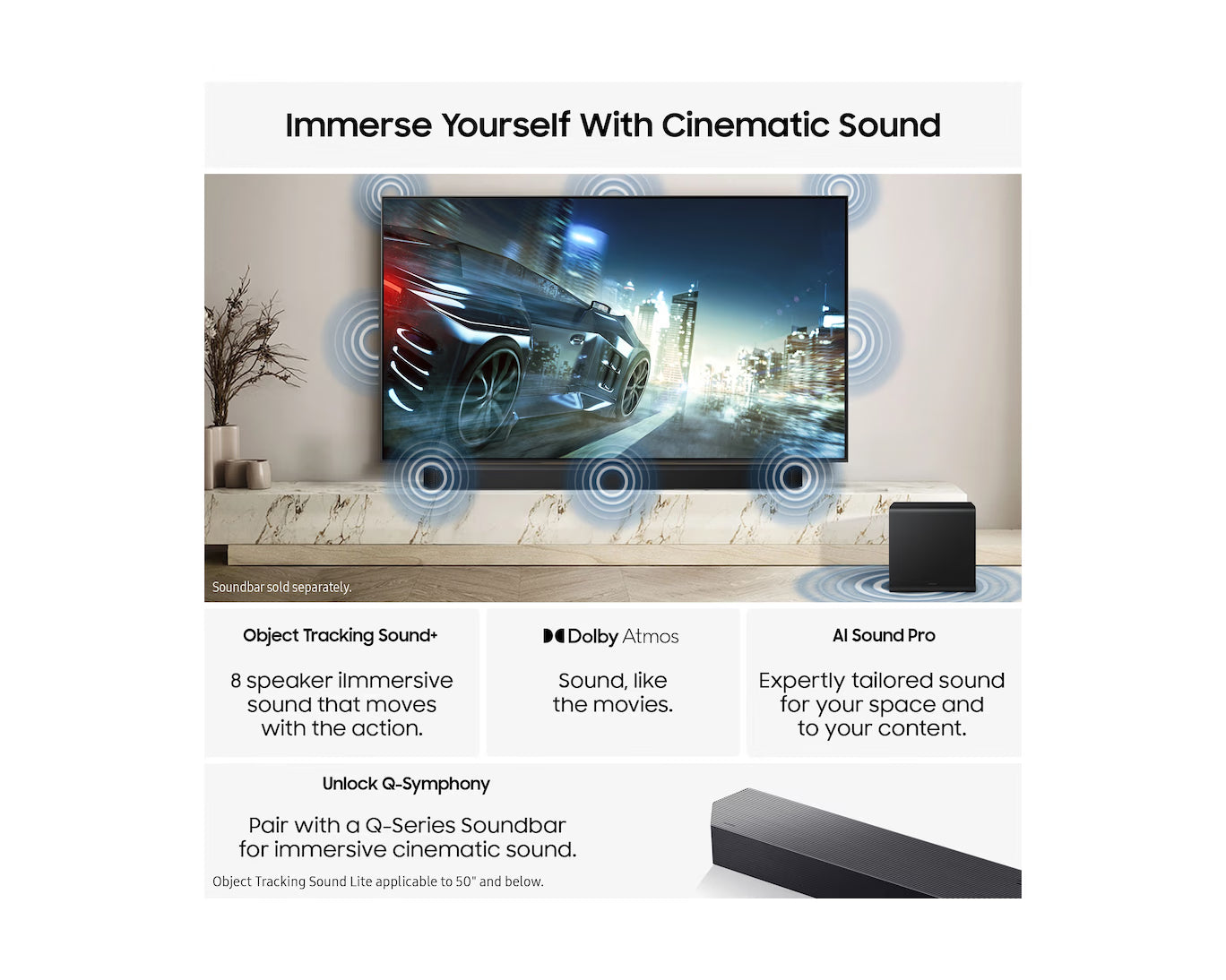 Samsung TV feature graphic for cinematic sound, speaker illustration and Dolby badges