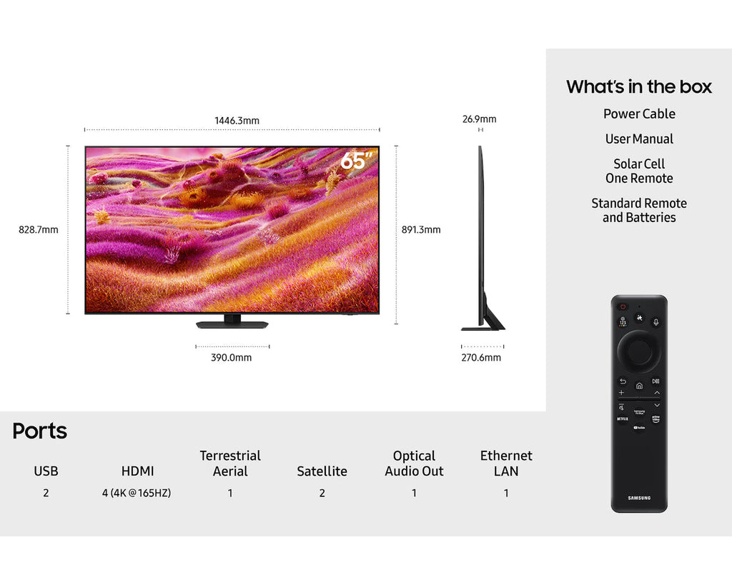 Samsung Neo QLED TV size diagram with remote and ports overview