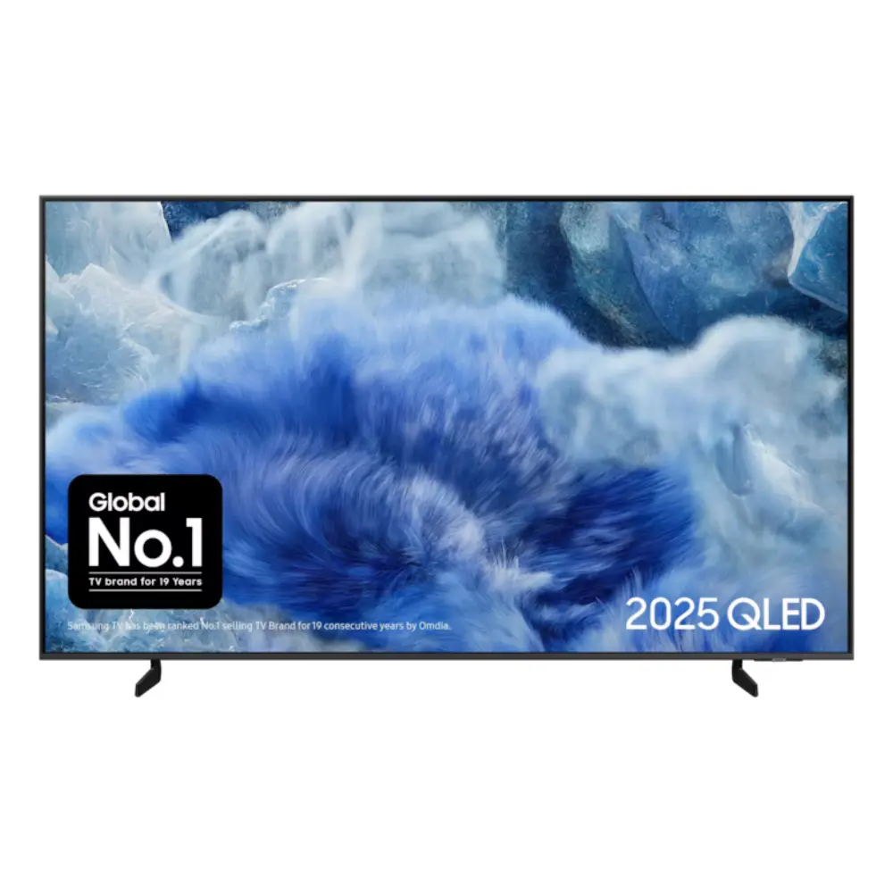 75-inch QLED TV with dark thin bezel and blue cloud-style display