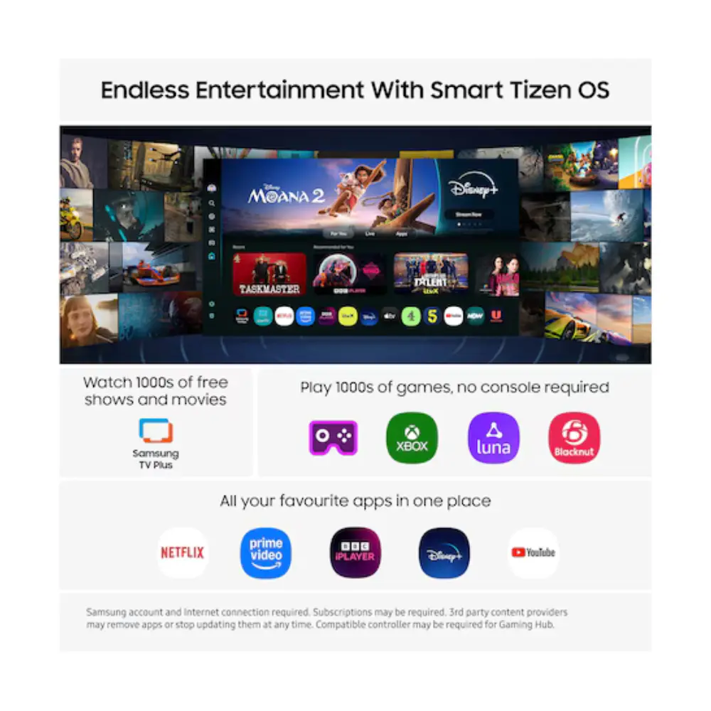 Smart TV interface with app icons grid on QLED display
