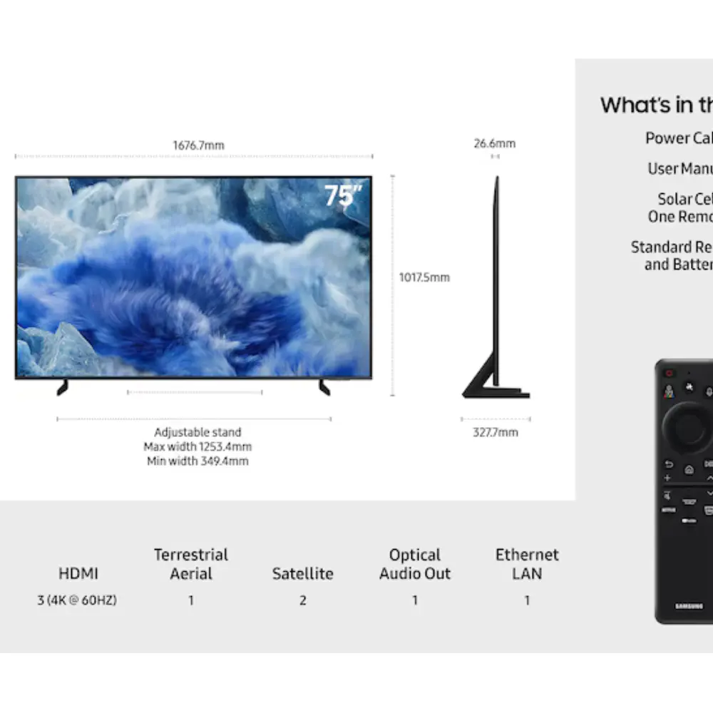 TV ports and size diagram showing HDMI, optical audio, and Ethernet LAN