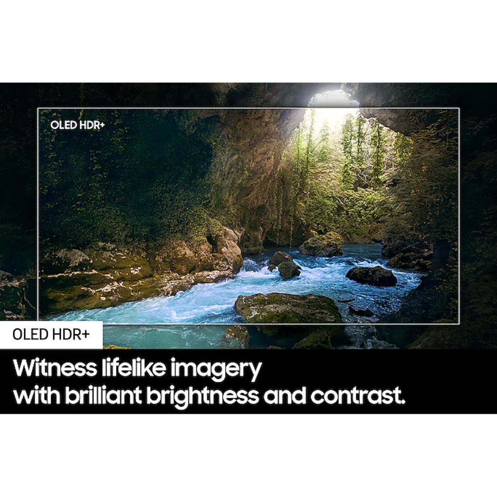 OLED 4K TV showing outdoor river landscape on screen