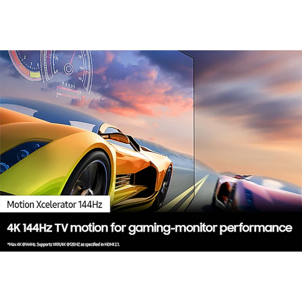 OLED 4K TV showing racing car scene with motion graphics on screen