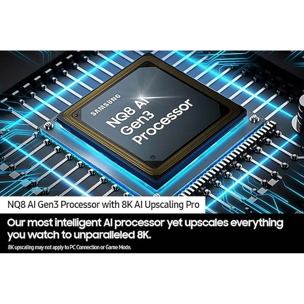 Samsung Neo QLED 8K TV screen showing AI processor graphic pattern