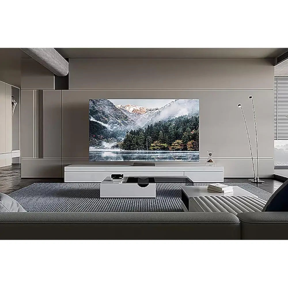 Samsung Neo QLED 8K TV mounted on a media wall with slim stand