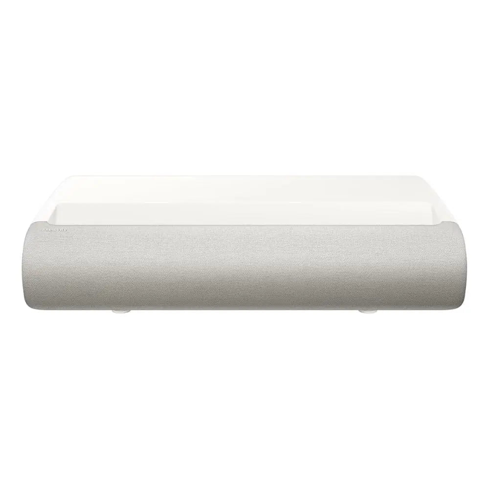 White Samsung Premiere 4K triple laser projector, front-right view with top gray grille.