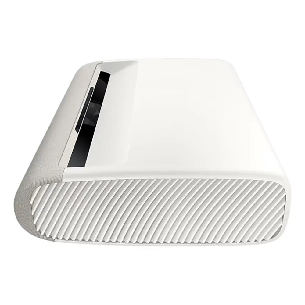 White Samsung Premiere 4K triple laser projector, angled view with front intake grille.