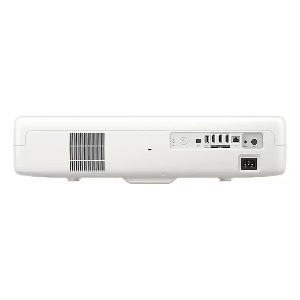 White Samsung Premiere 4K triple laser projector, rear view with port panel and vent.
