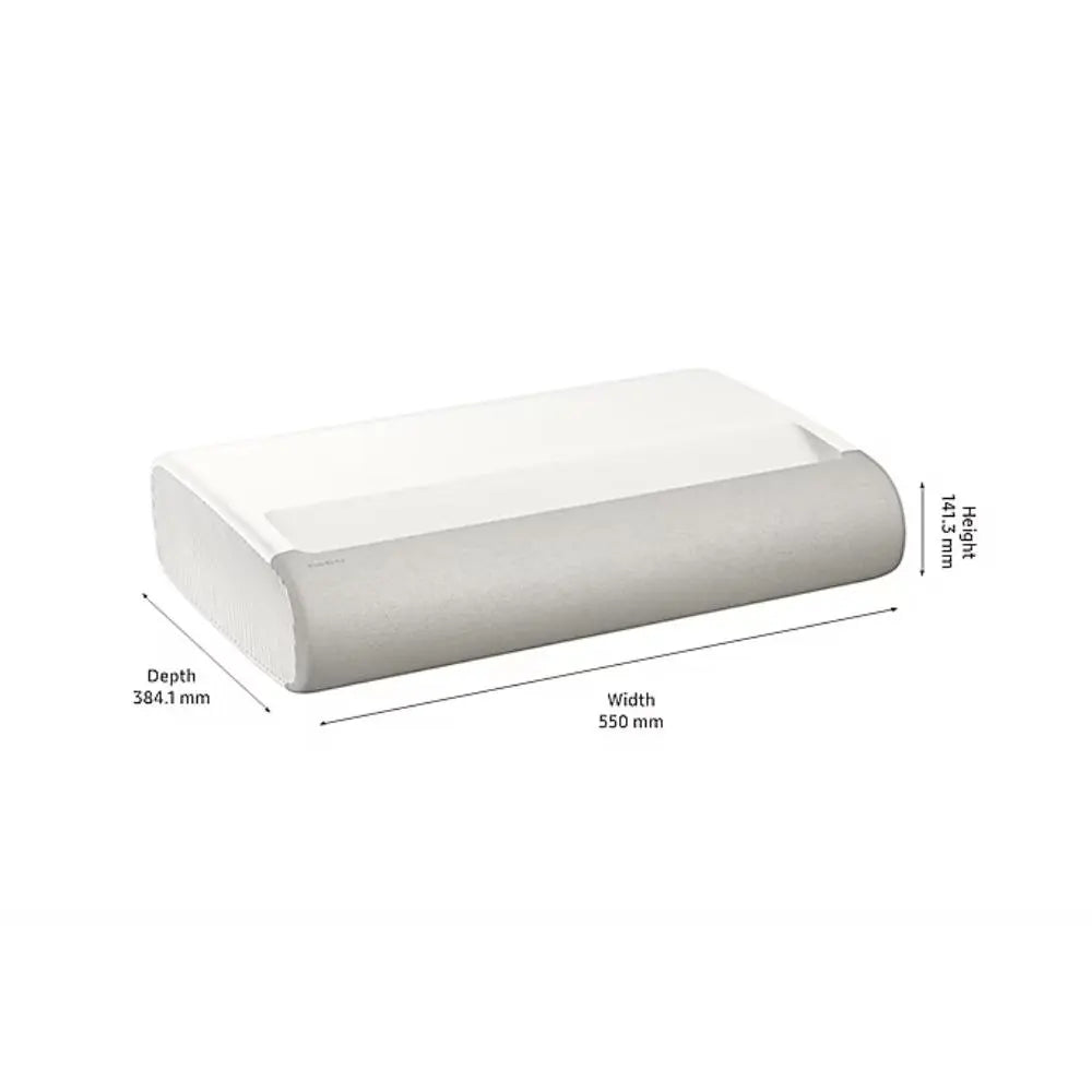 White Samsung Premiere 4K triple laser projector on white base, with size measurements.