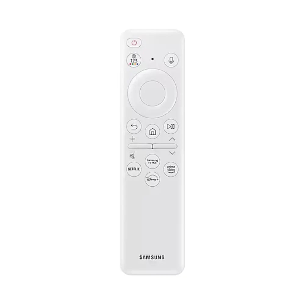 Samsung TV projector remote control, white with button layout and power/volume controls.