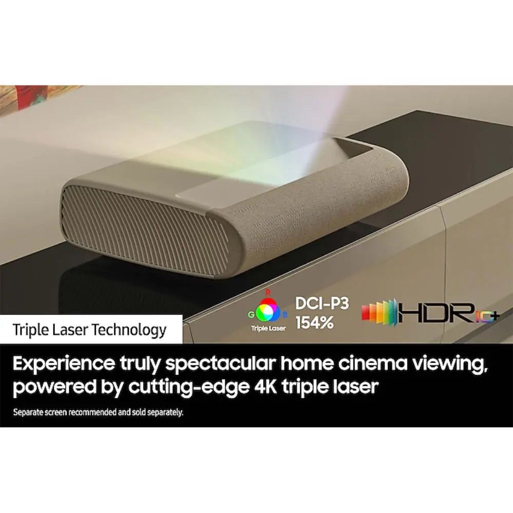 White Samsung Premiere projector on a shelf, casting a soft light onto the screen.