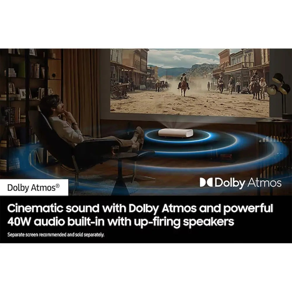 White Samsung Premiere projector with light beam and soundbar-like speaker area visible.