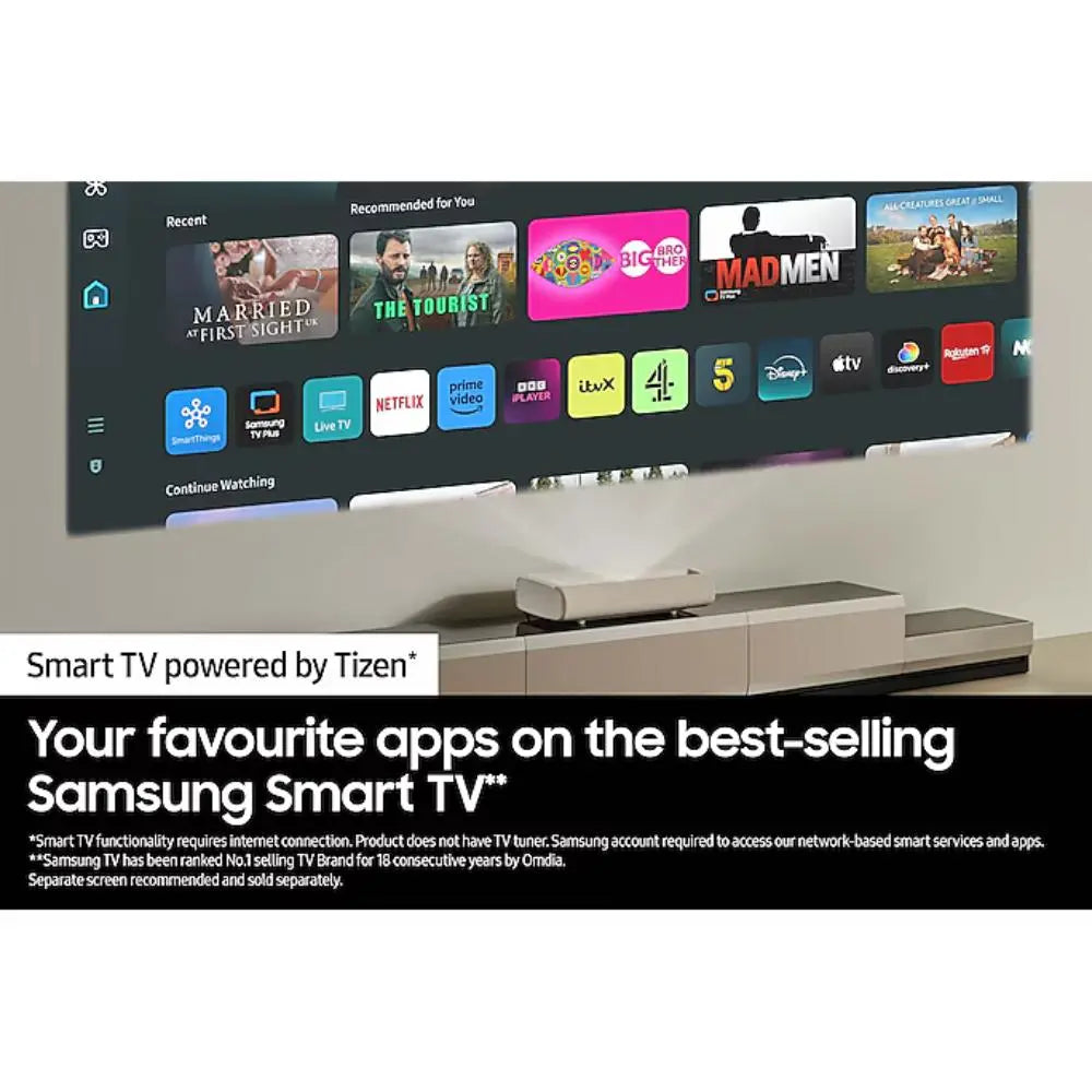 White Samsung Premiere projector beneath a TV screen interface on a console.