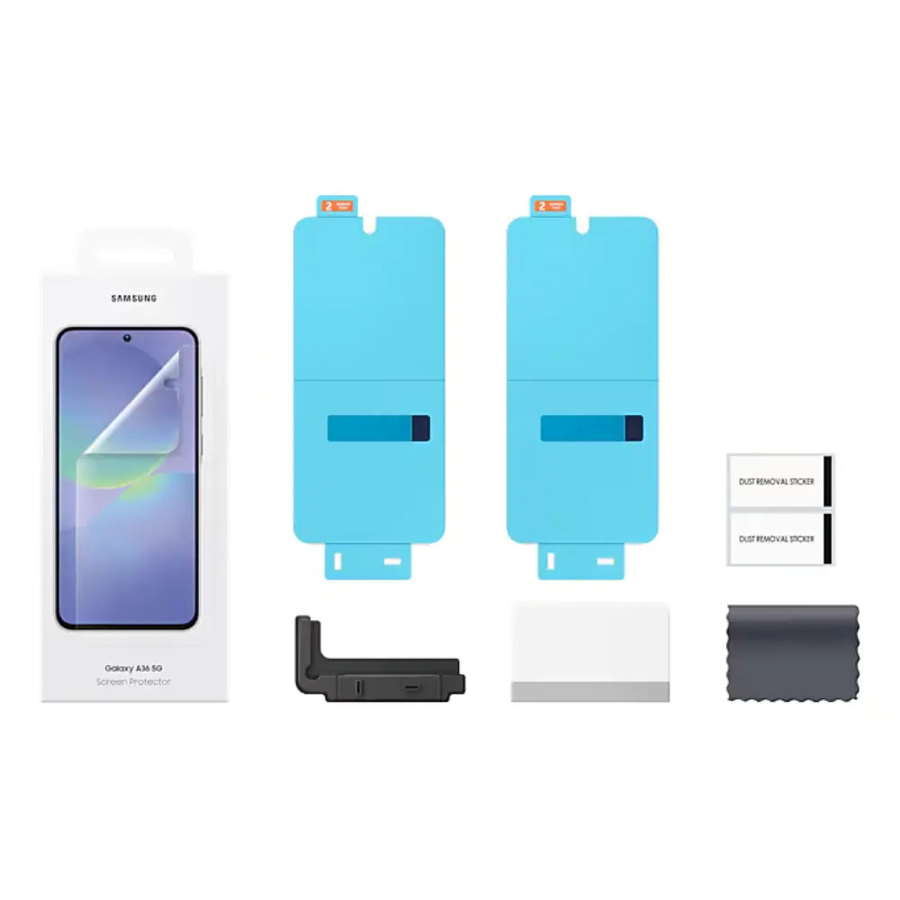 Screen protector kit for Galaxy A36: protector, alignment frame, squeegee, cloth