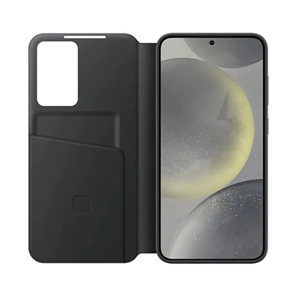 Black phone wallet case open view with card slot and kickstand