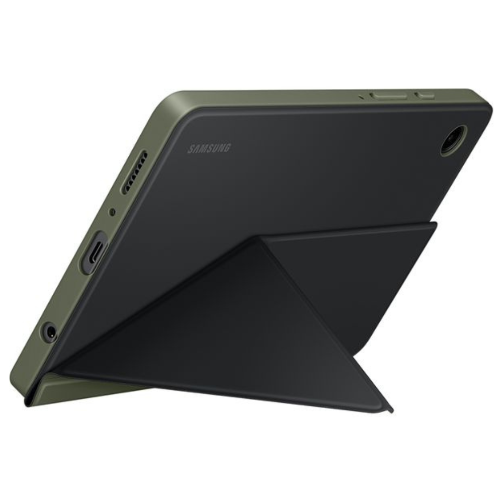 Tablet book cover case, black interior with green border and side cutouts.
