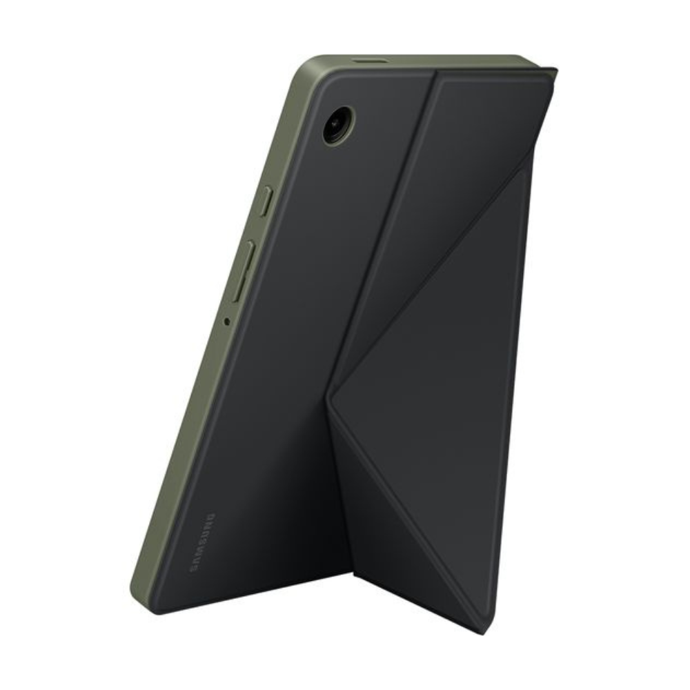 Black tablet book cover with green sides, standing fold flap.