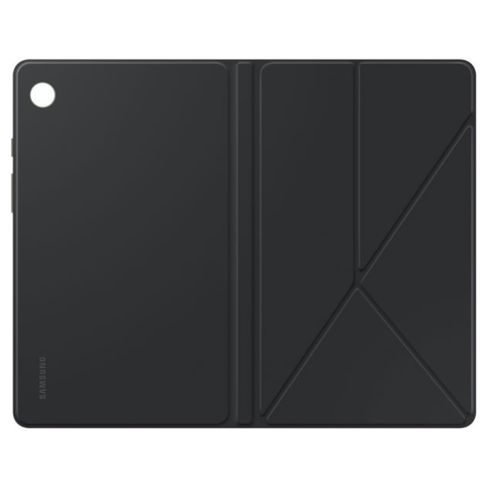Black tablet cover case with stand fold, front and back panels visible.