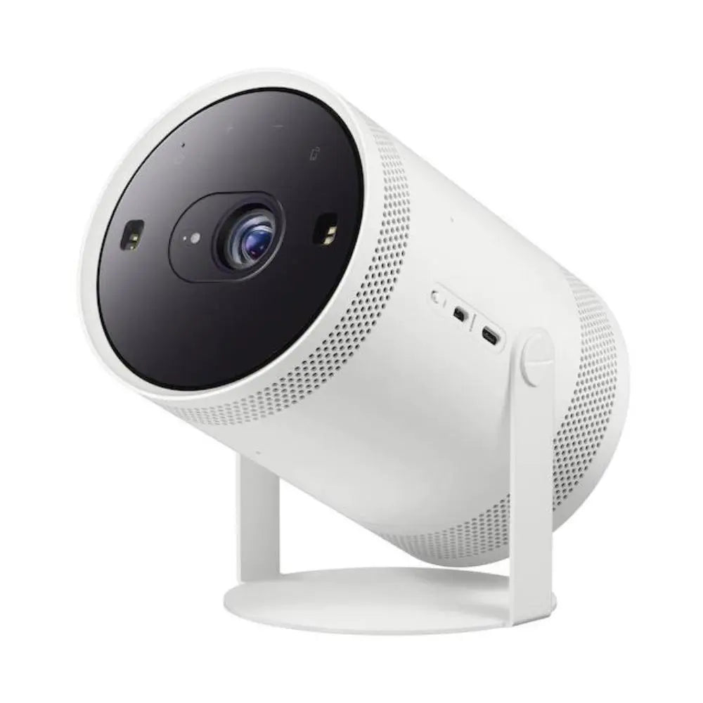 White smart TV projector with black lens and side ports on adjustable stand