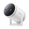 White smart TV projector with black lens and side ports on adjustable stand