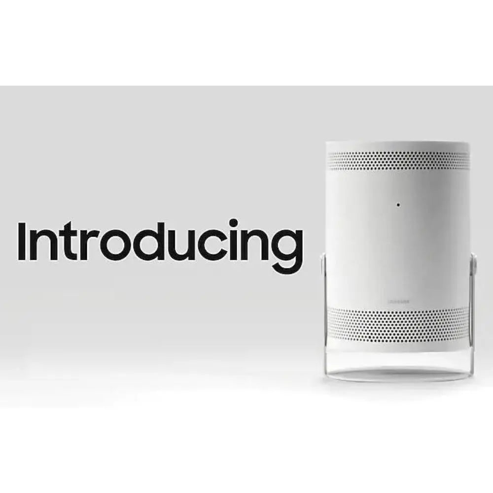 White smart TV projector rear with vent grille and ports on pedestal stand
