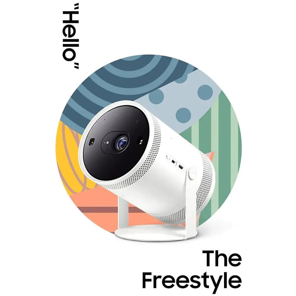 White smart TV projector on stand with black lens