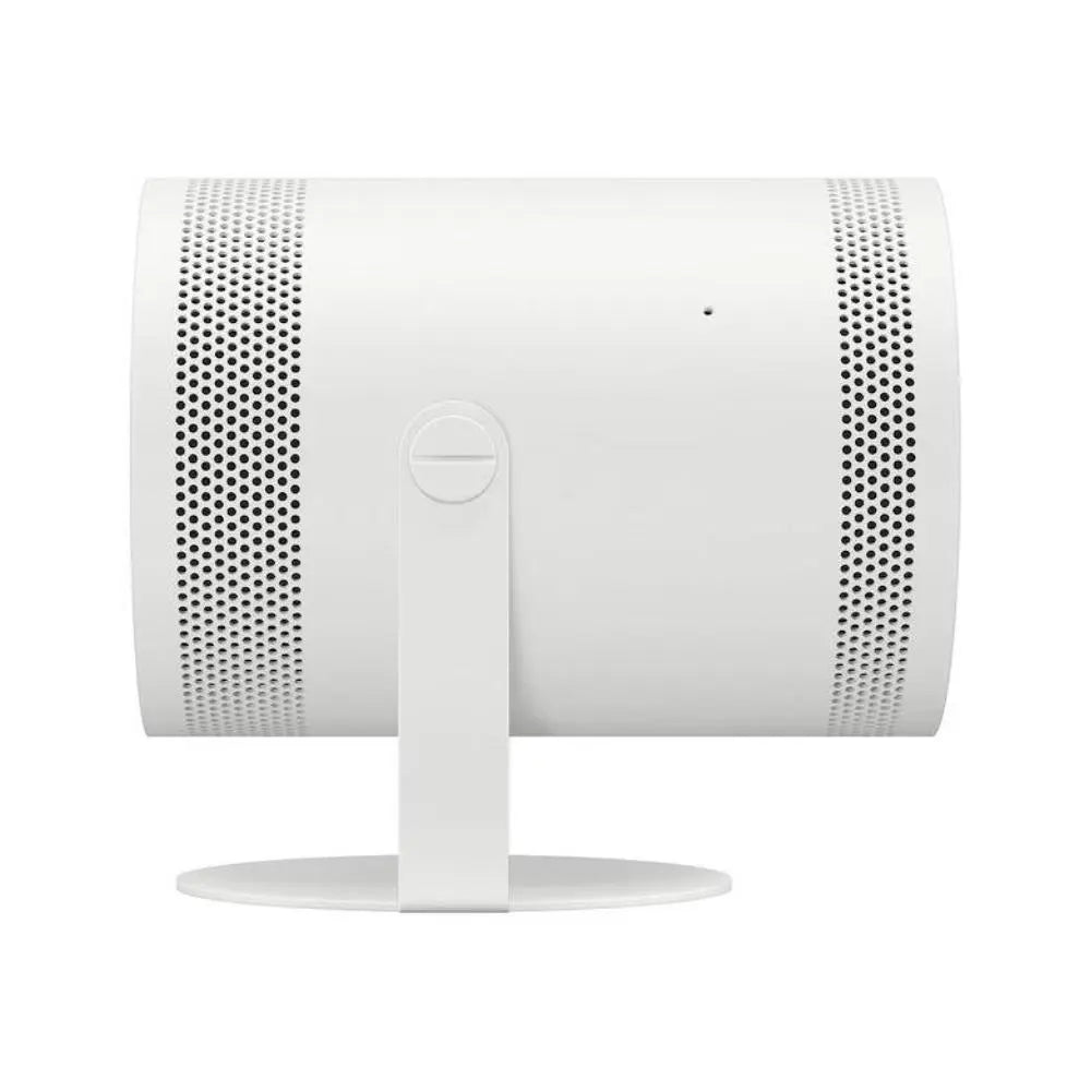 White smart TV projector with vent grille and front indicator on stand