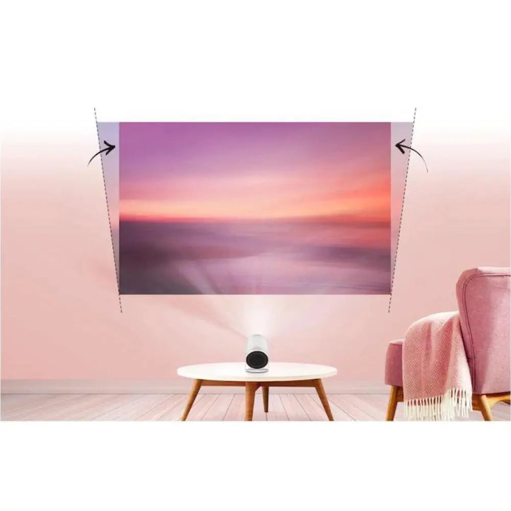 Smart TV projector projecting an image onto a wall above a table
