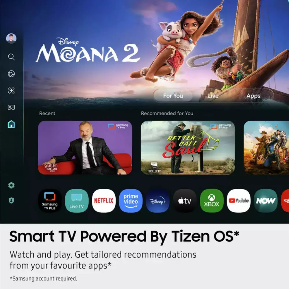 Samsung Smart TV screen with Tizen OS app menu and icons