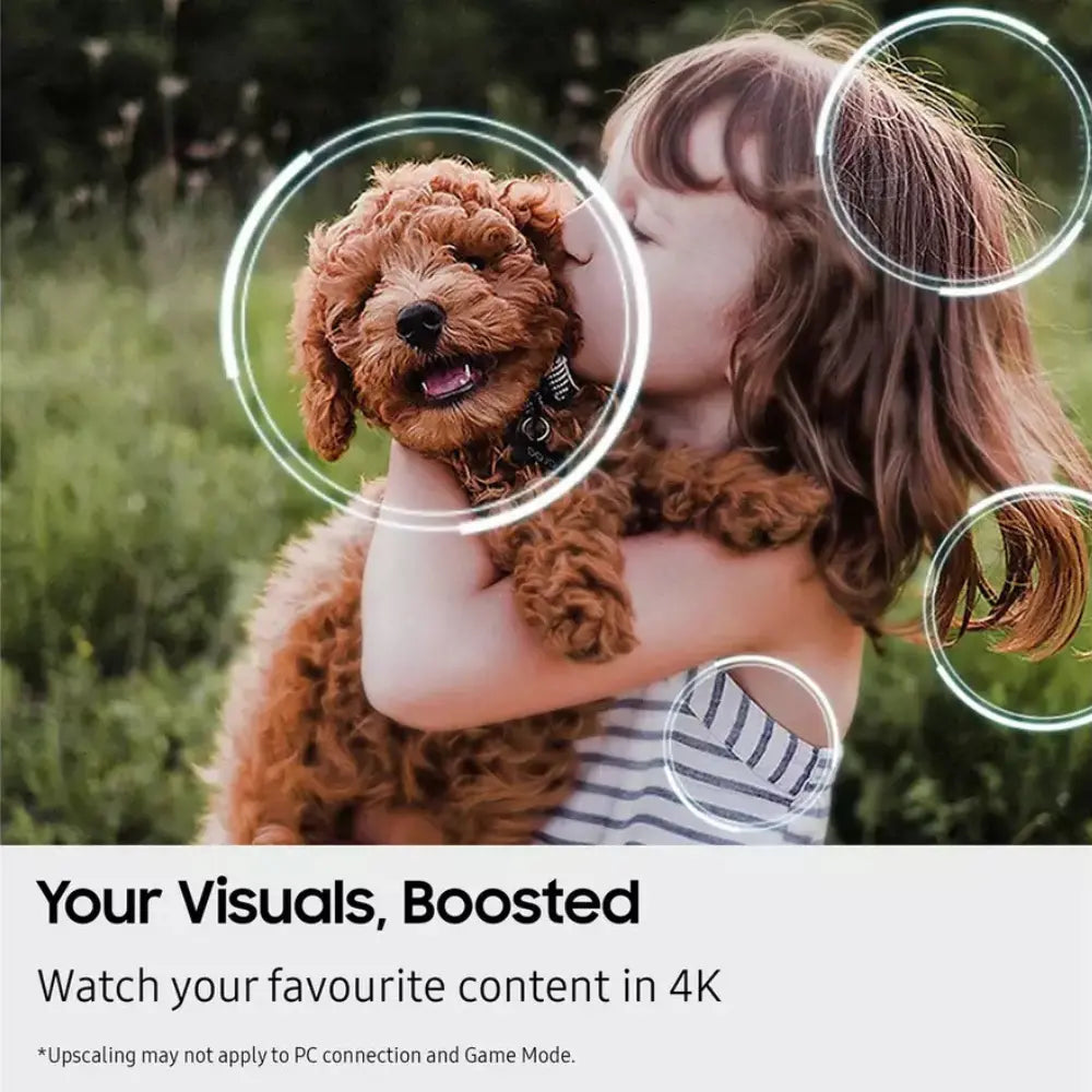 Samsung Smart TV screen showing person and dog with visual enhancement rings