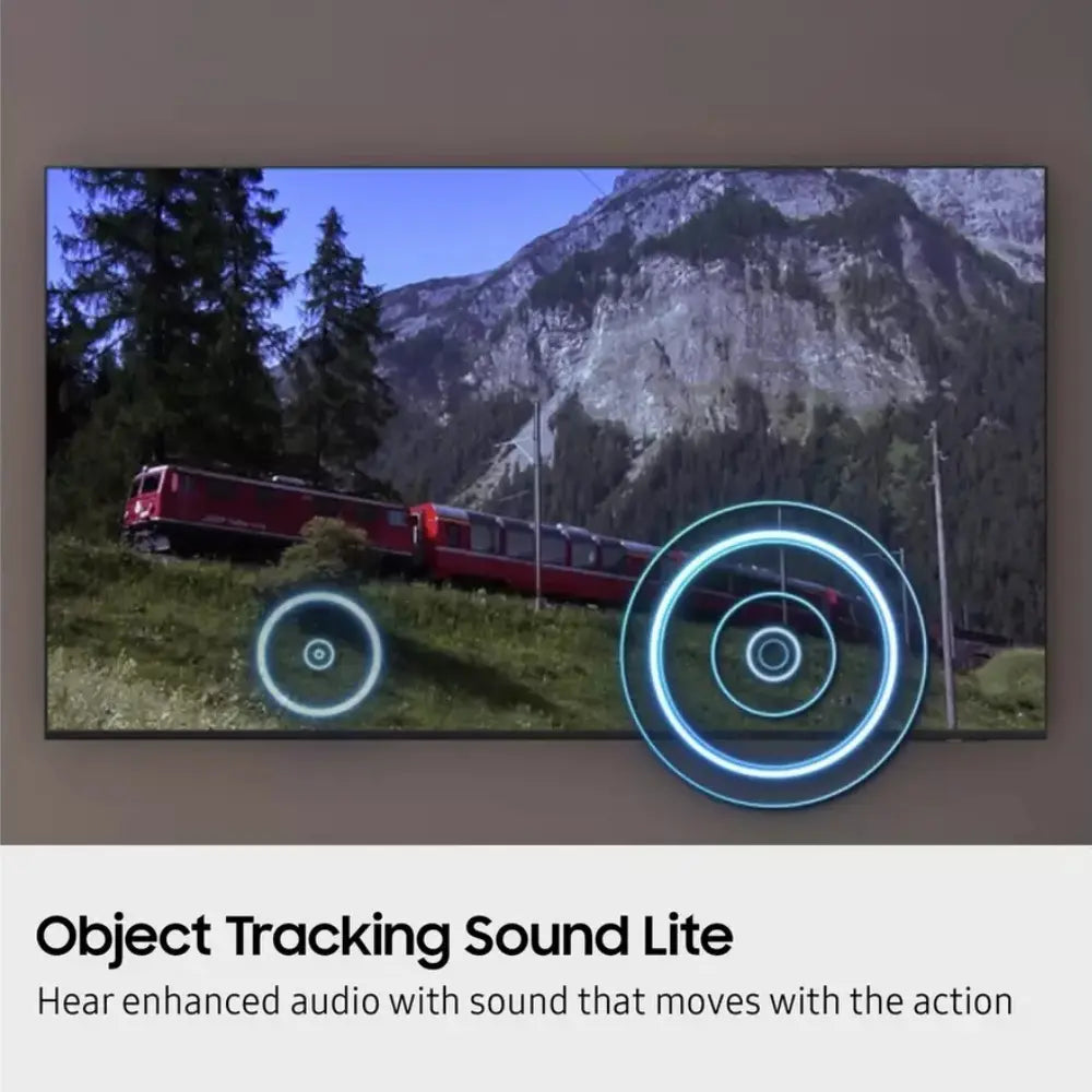 Samsung Smart TV screen with landscape scene and object tracking audio rings