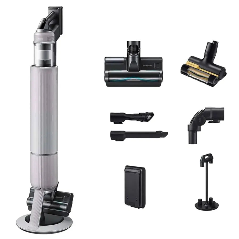 Cordless vacuum with multiple attachments: brush head, crevice tool, stand and dock