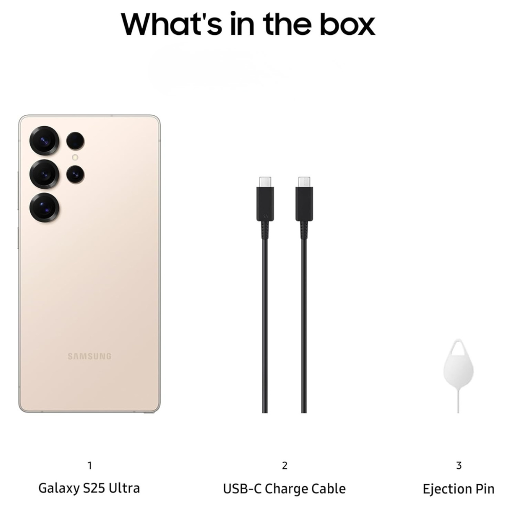 Samsung Galaxy S25 Ultra smartphone back with USB-C charge cables and eject pin