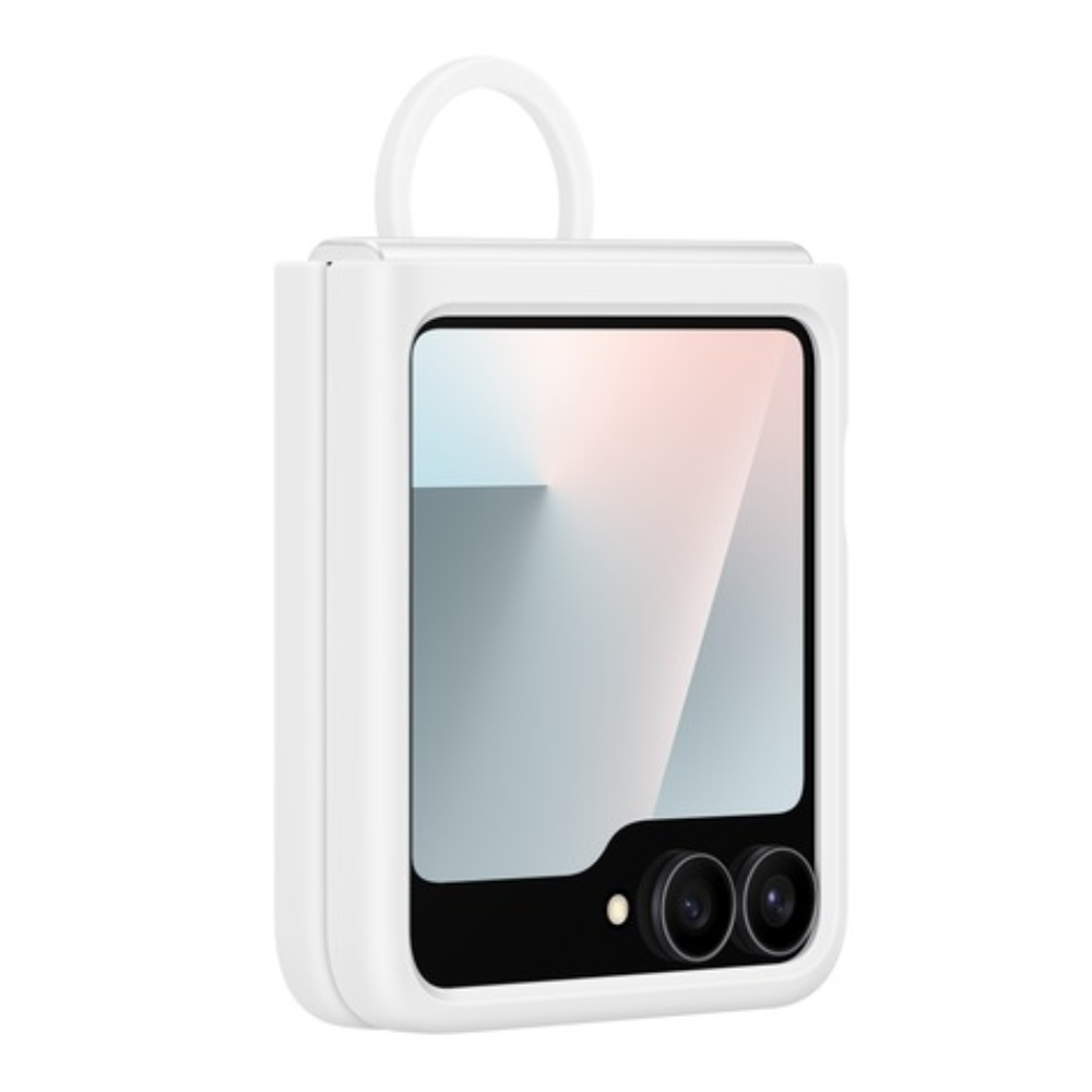 White silicone phone case with ring handle and camera cutouts over rear window