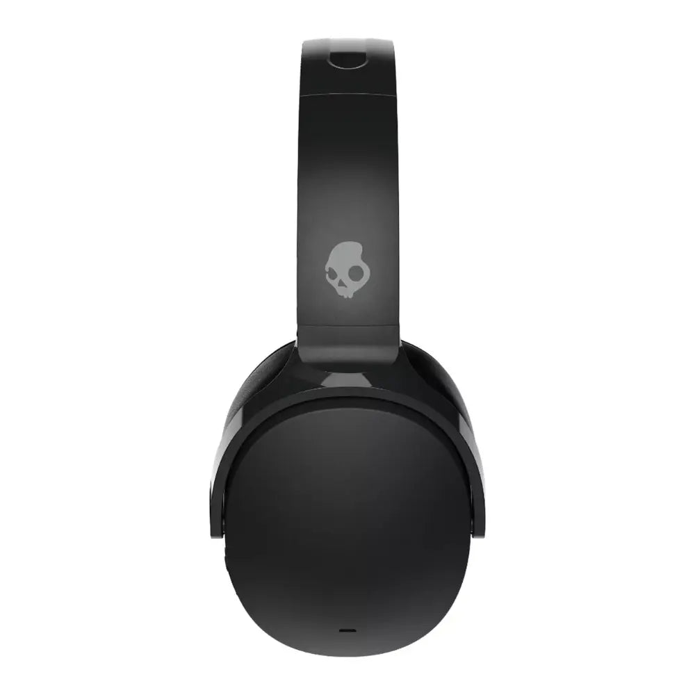 Black over-ear headphones with skull logo on headband