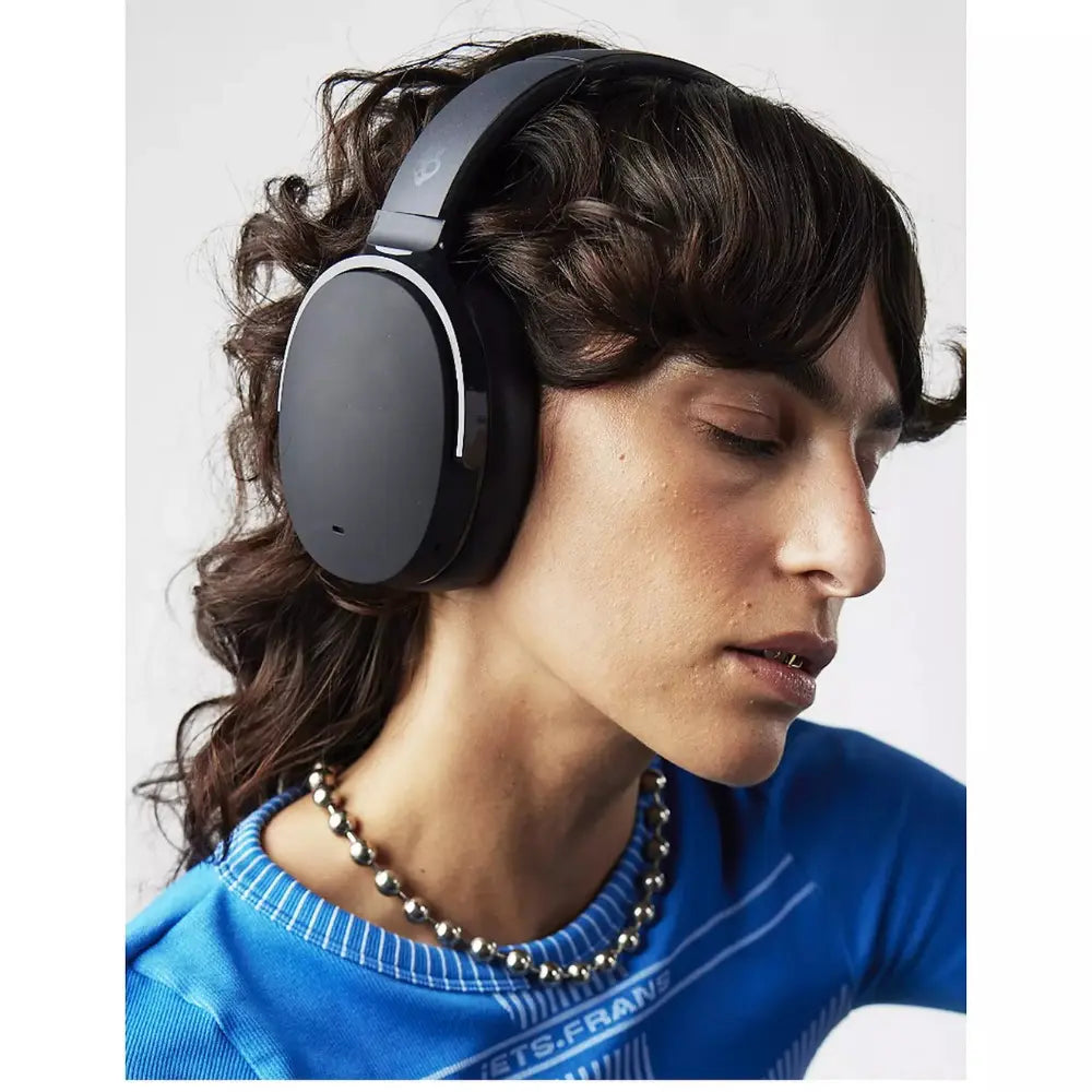 Black over-ear headphones worn by a person, padded ear cups
