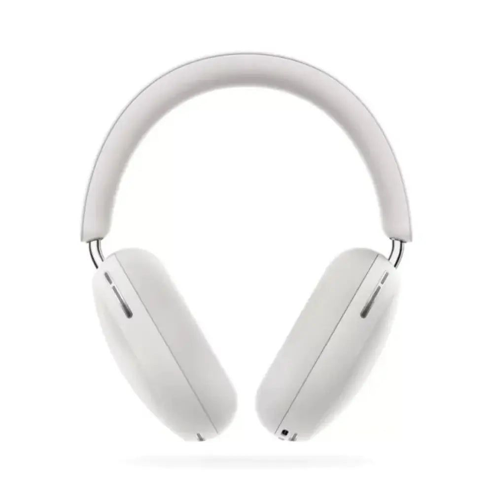 White over-ear headphones, adjustable headband and padded earcups