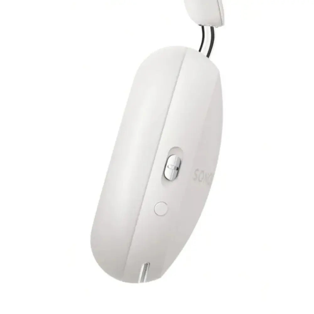 White over-ear headphones side view with control button and logo
