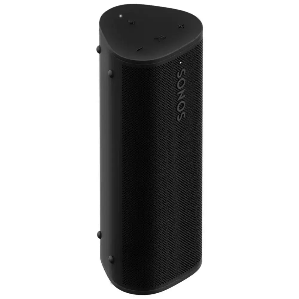 Black portable Bluetooth speaker with mesh grille and side buttons